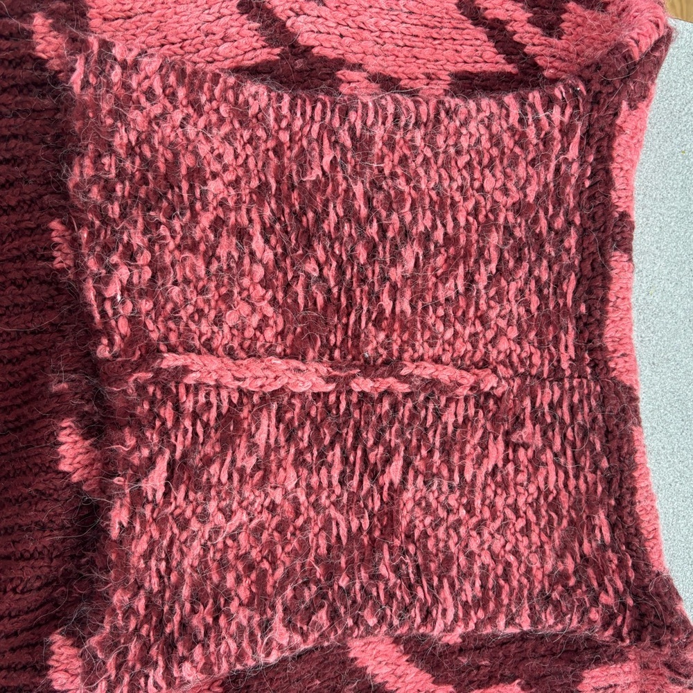Topshop Houndstooth Cowl Neck Sweater Pink Burgundy Women’s Large Puff Sleeves - Picture 9 of 12